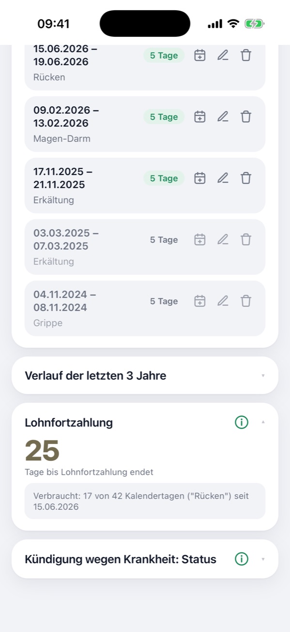 Pagamento do salário e lista de registos na app