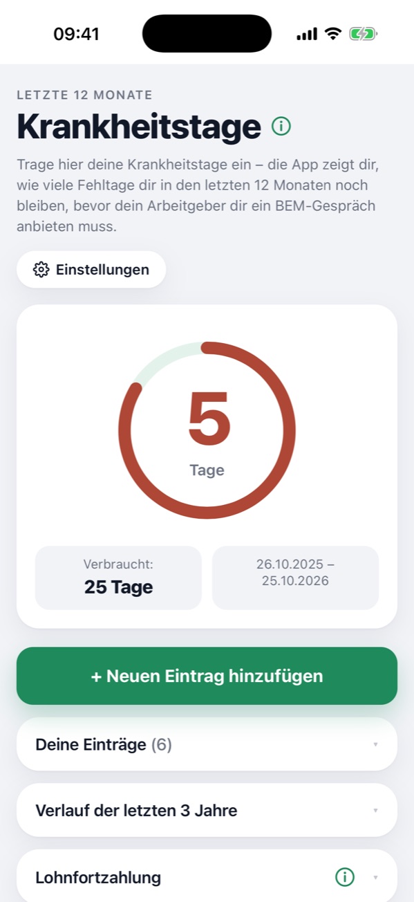 A app Krankheitstage: anel com 15 dias restantes desde a última reunião BEM